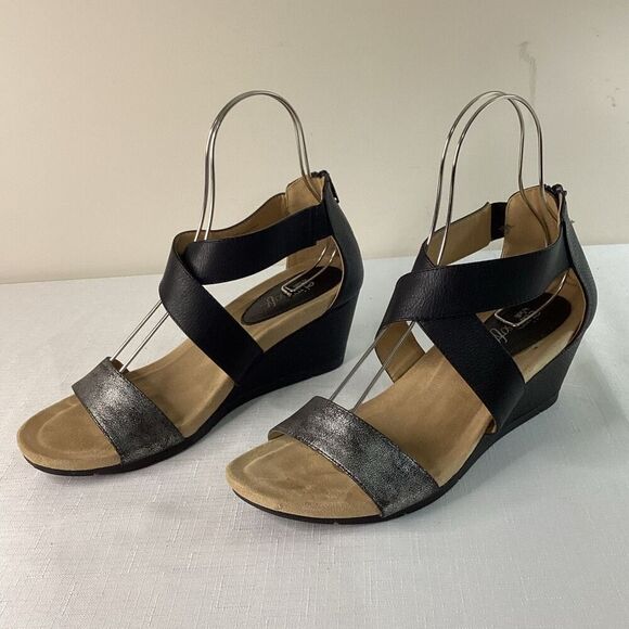 Sofft Shoes - Euro Soft Women’s Black and Gunmetal Strappy Wedge Sandal Size 10